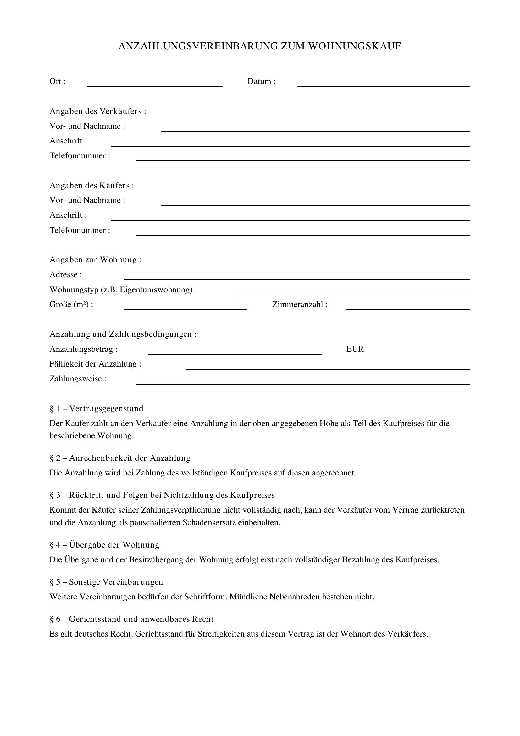 Anzahlung Wohnungskauf Muster