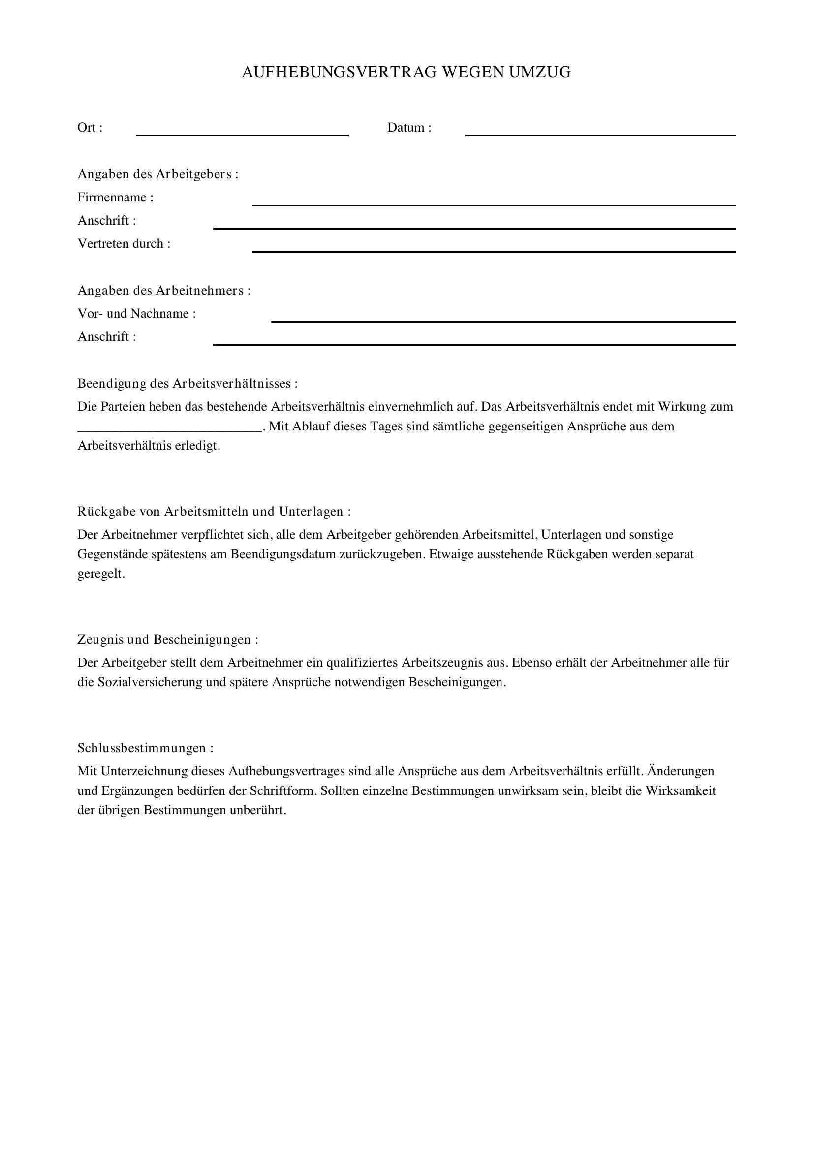 Aufhebungsvertrag Wegen Umzug
