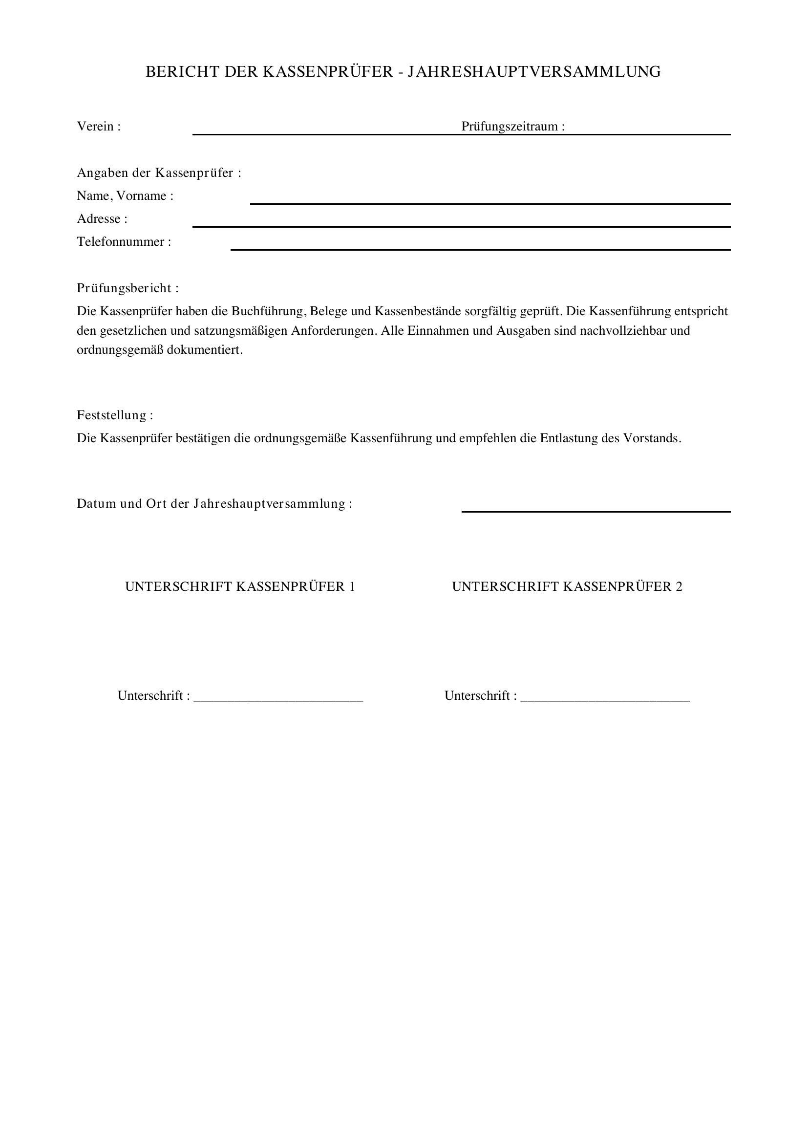Bericht Kassenprüfer Jahreshauptversammlung Muster