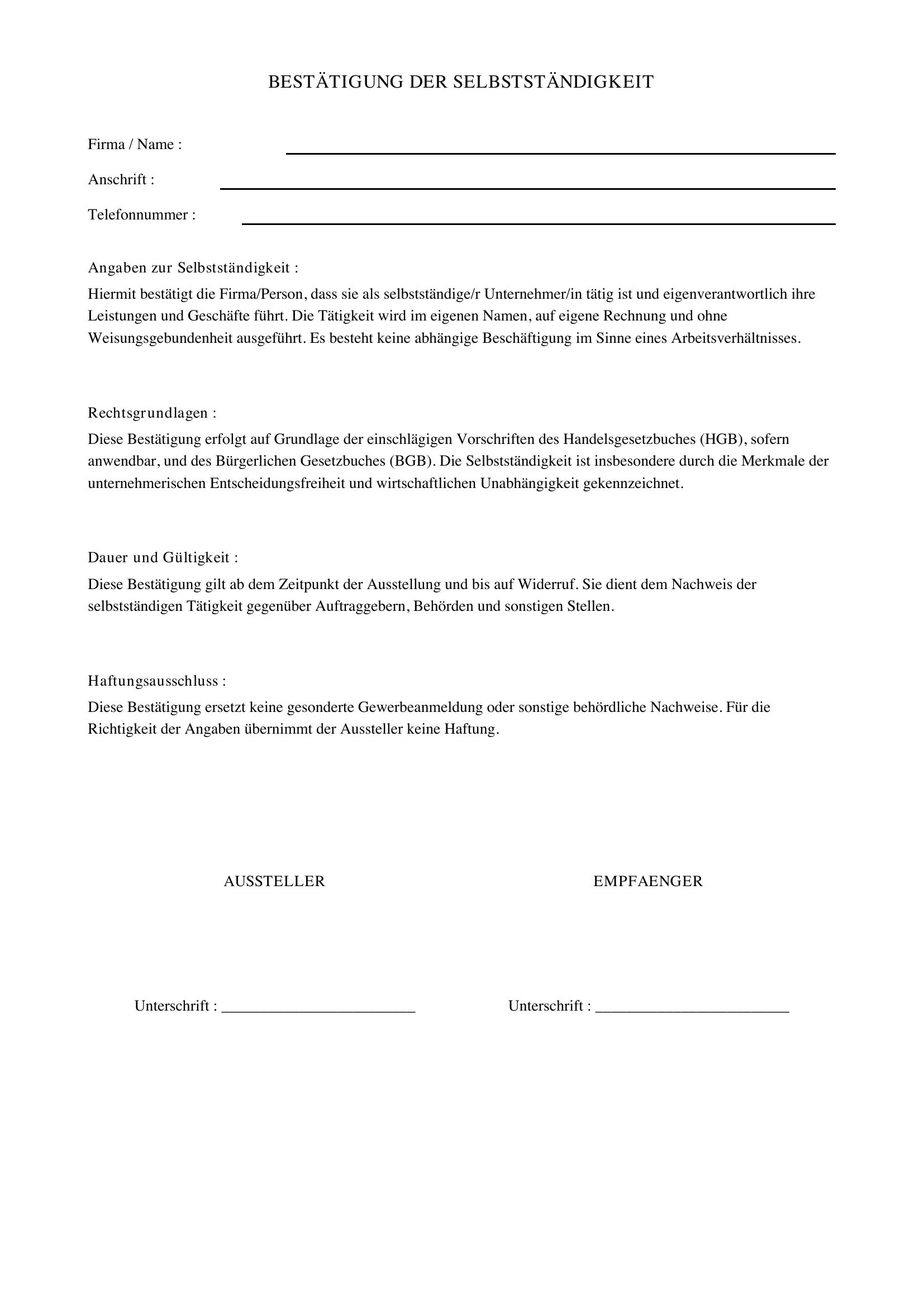 Bestätigung Selbstständigkeit Muster