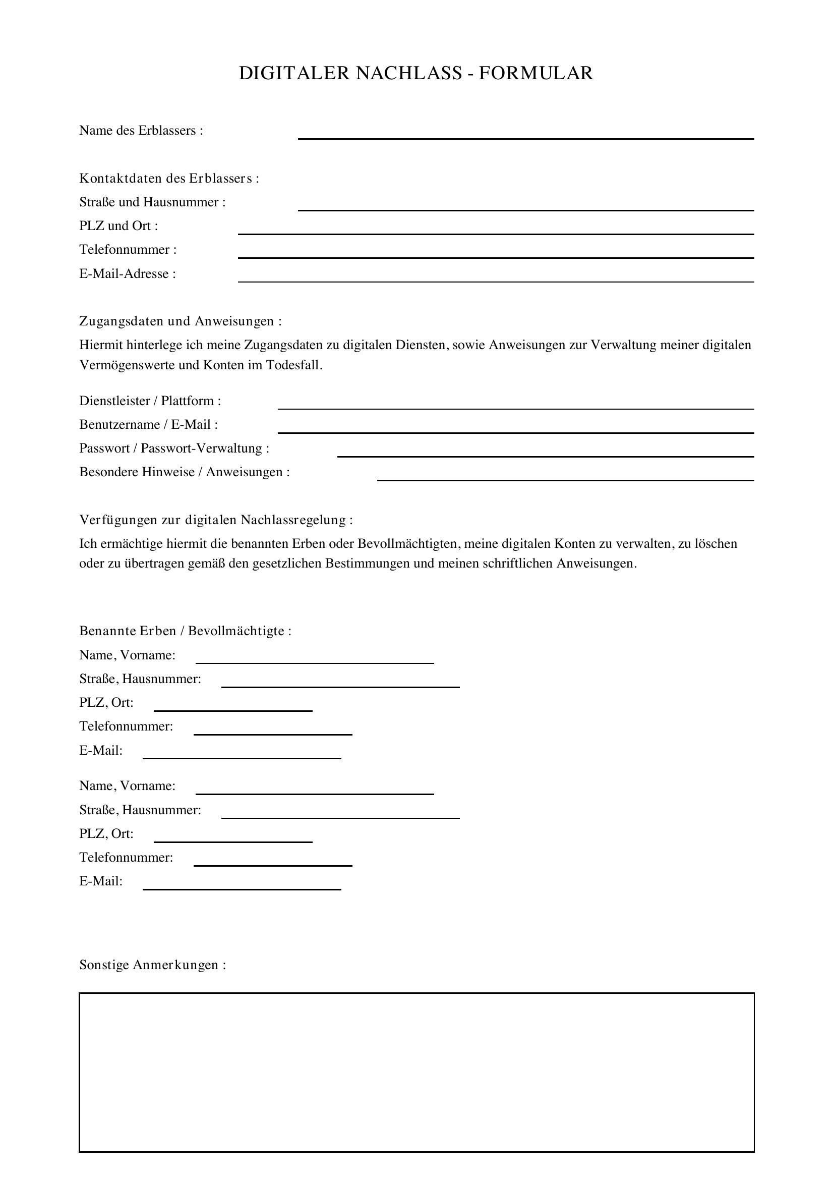 Digitaler Nachlass Formular