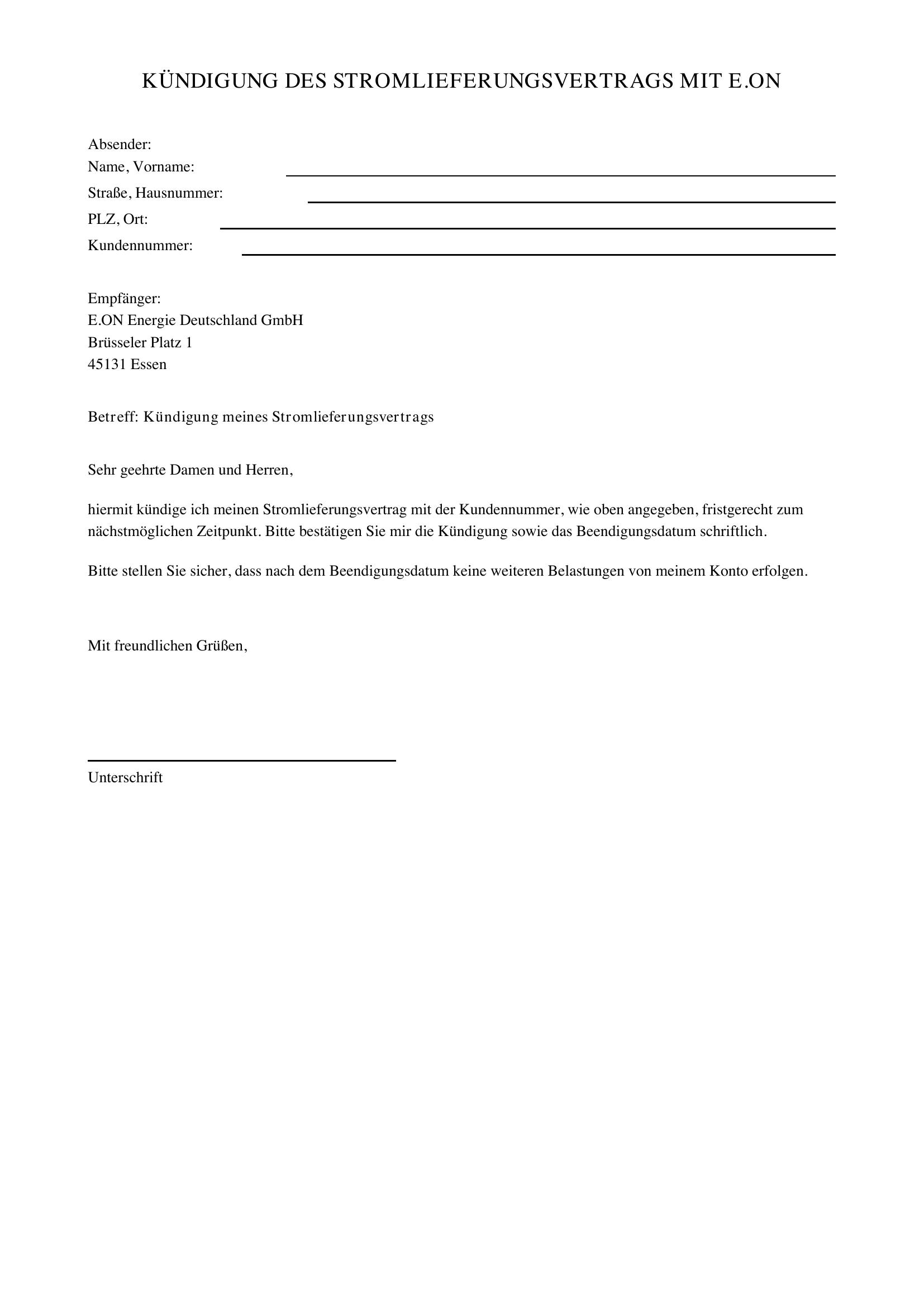 Eon Kündigung Vorlage