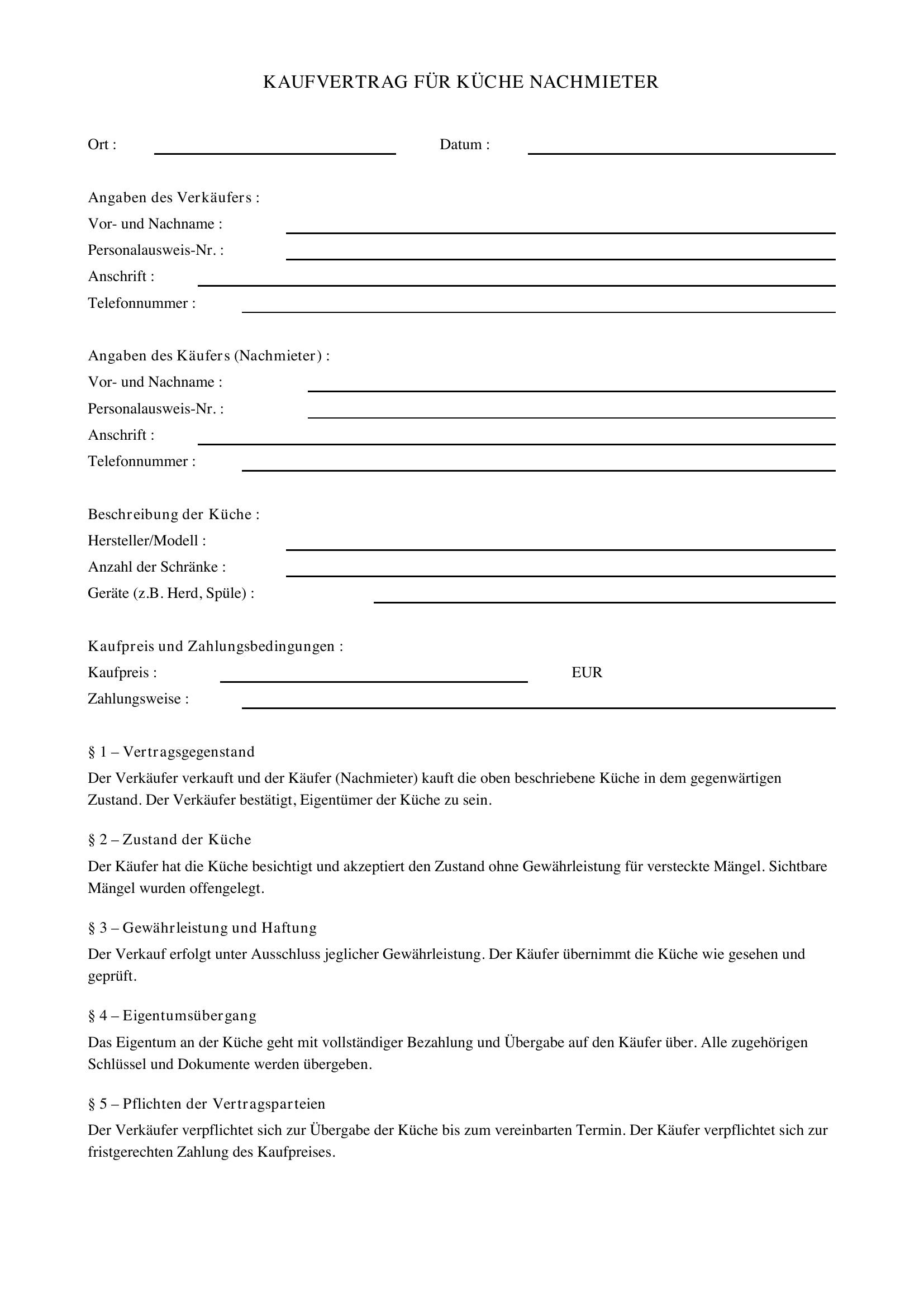 Kaufvertrag Küche Nachmieter