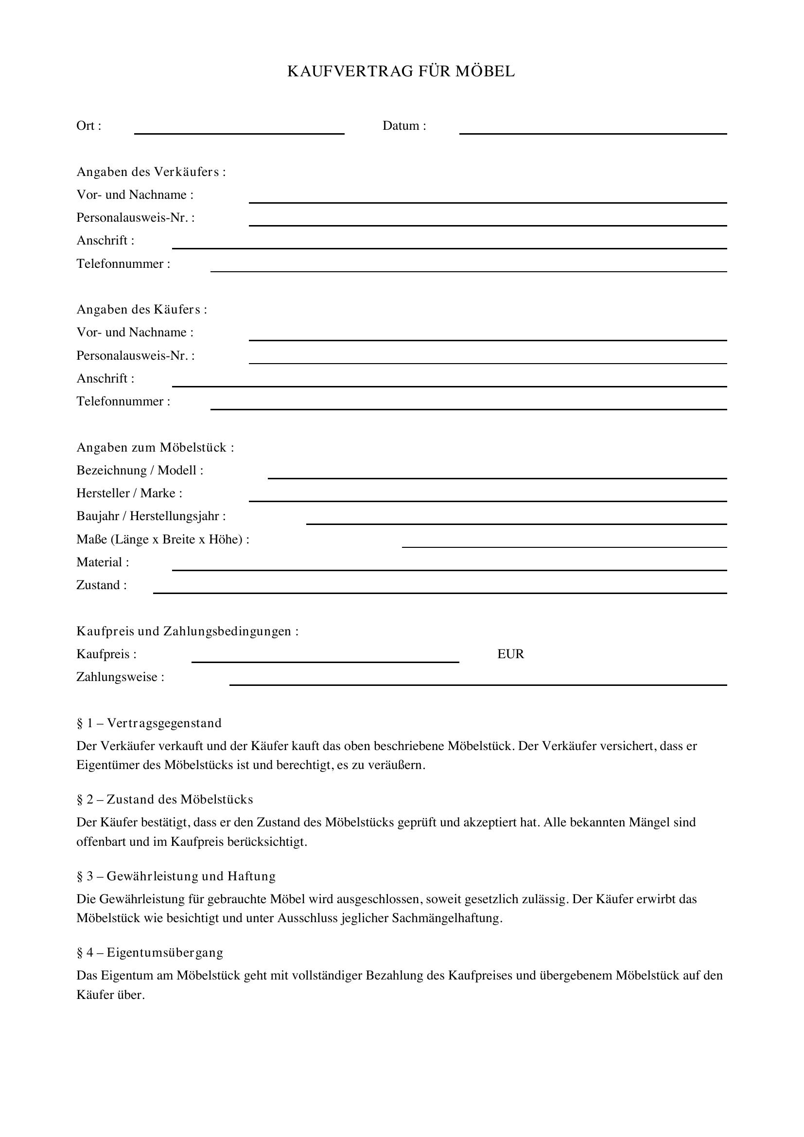 Kaufvertrag Möbel Vorlage