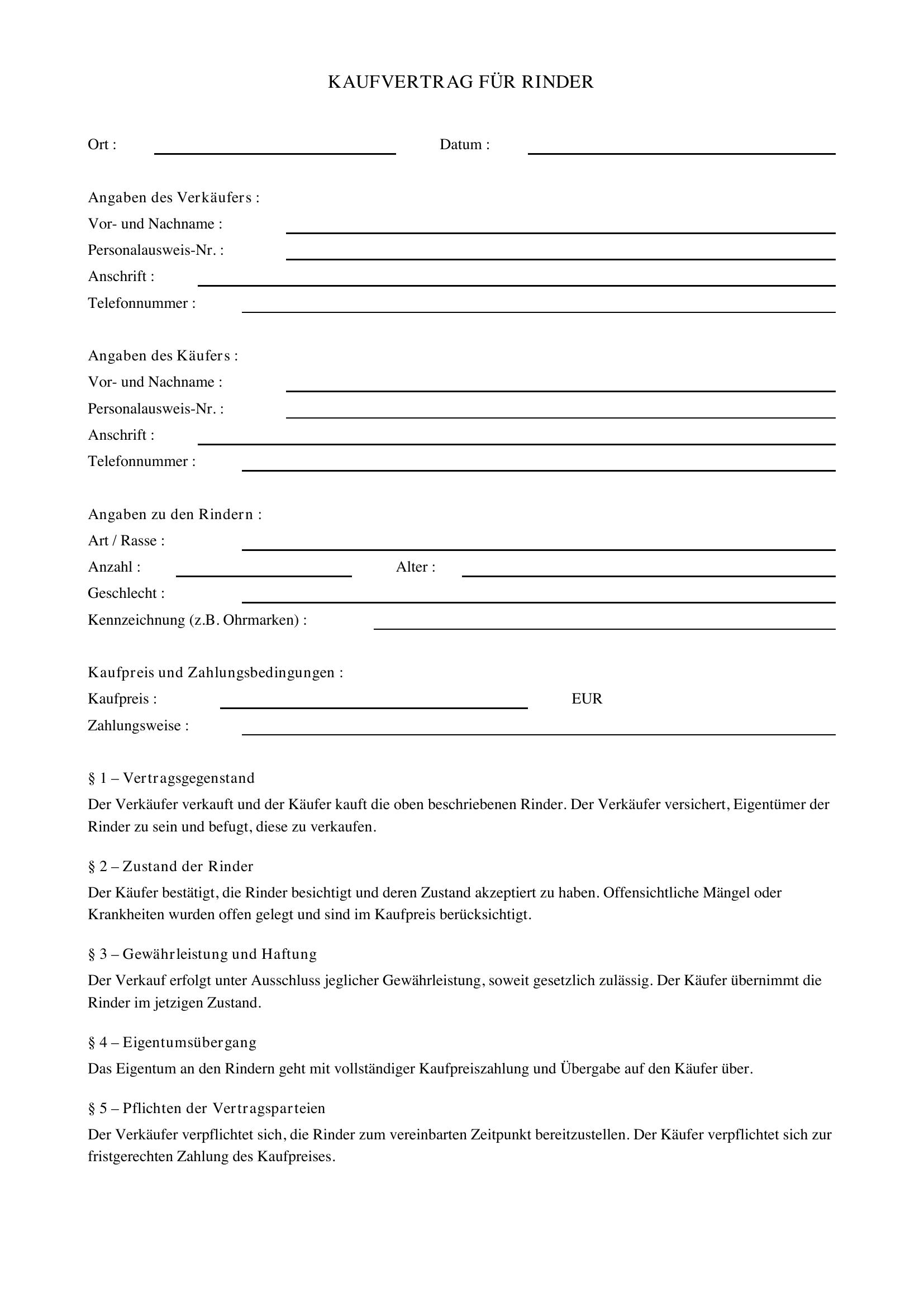 Kaufvertrag Rinder Muster