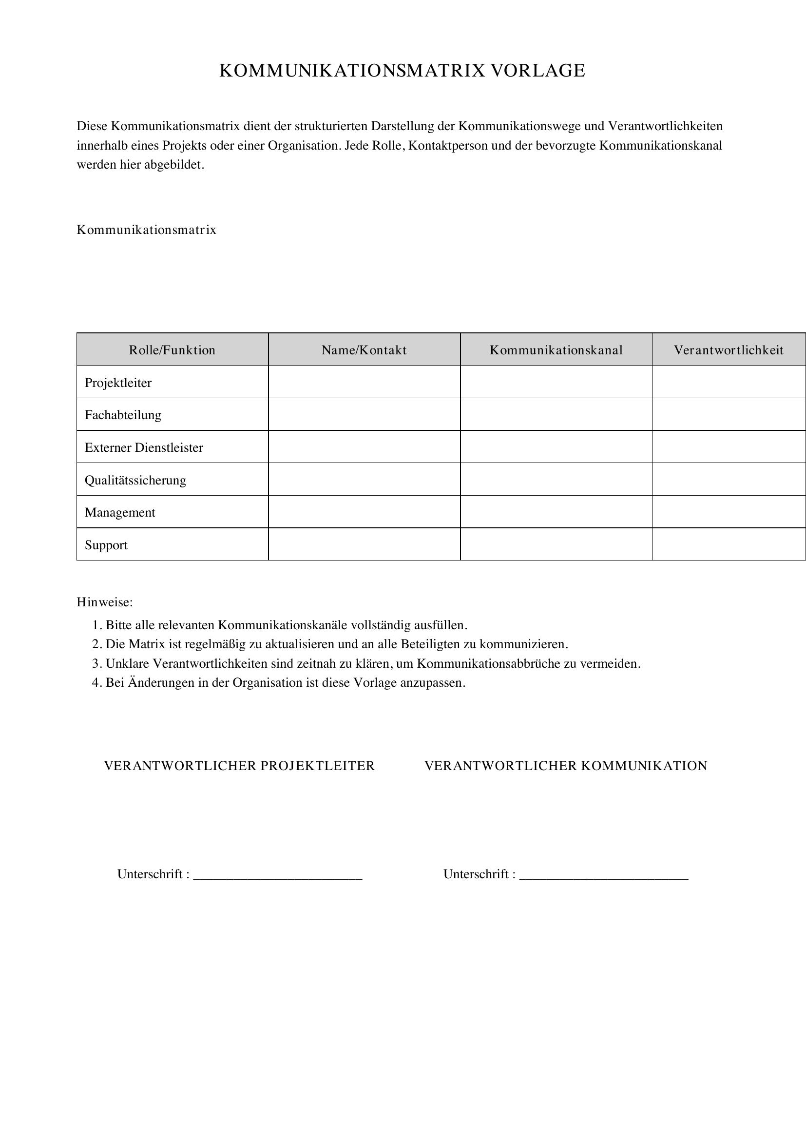 Kommunikationsmatrix Vorlage