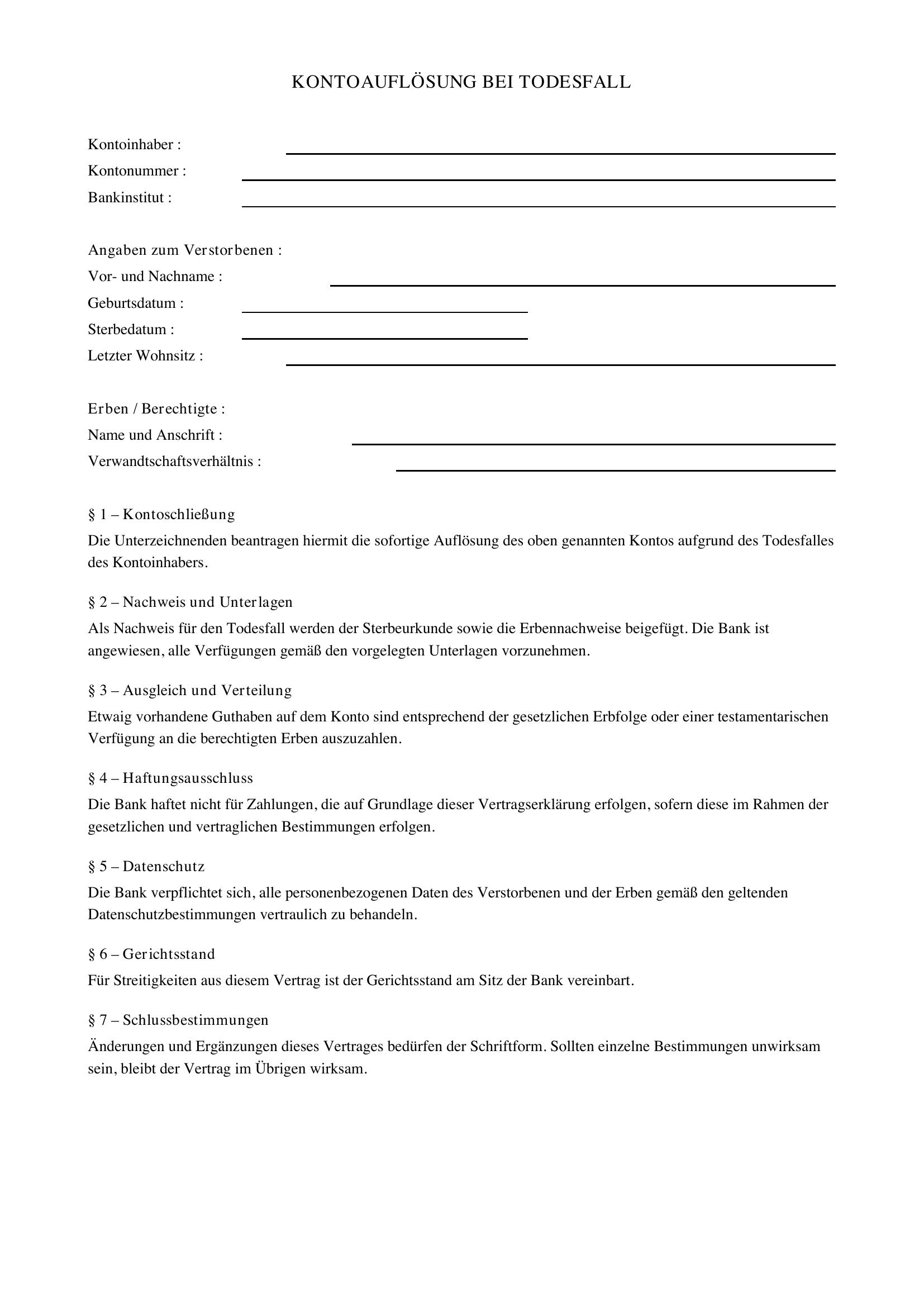 Kontoauflösung Todesfall Muster