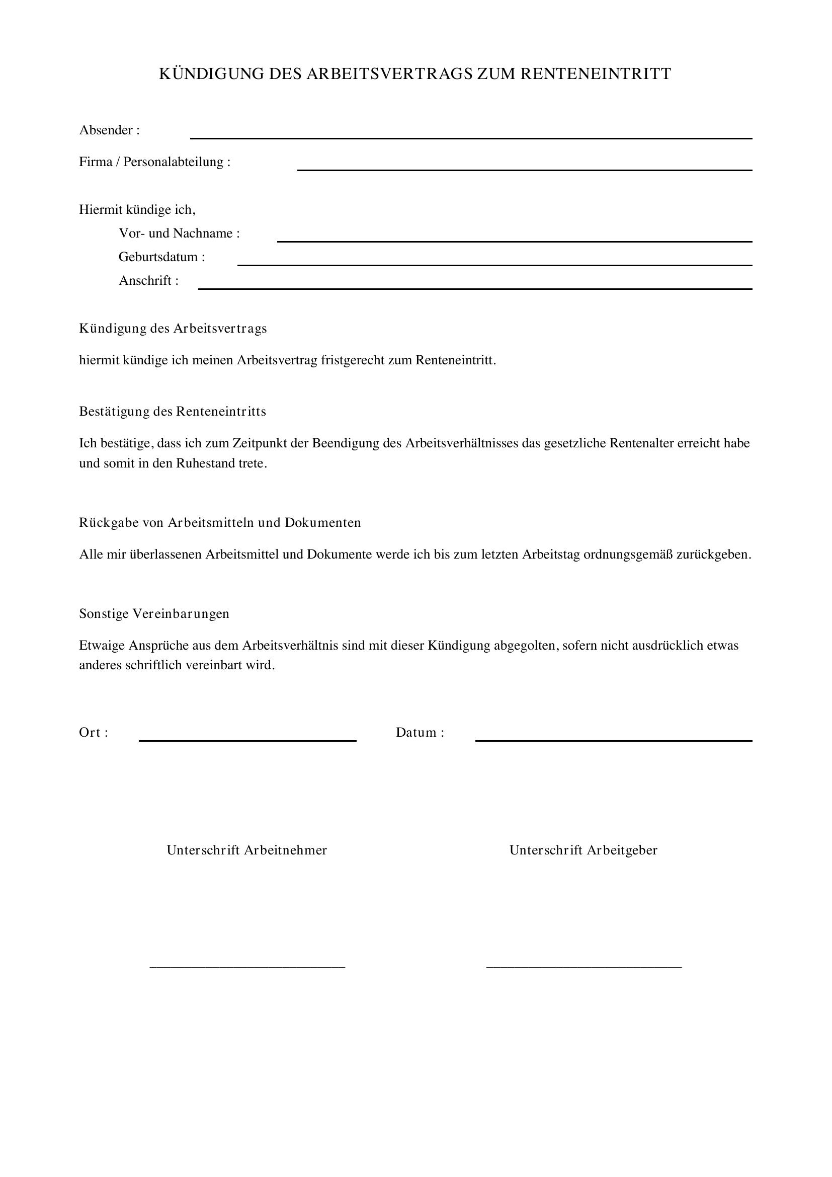 Stilvolle Kundigung Des Arbeitsvertrags Bei Vorzeitigem Renteneintritt