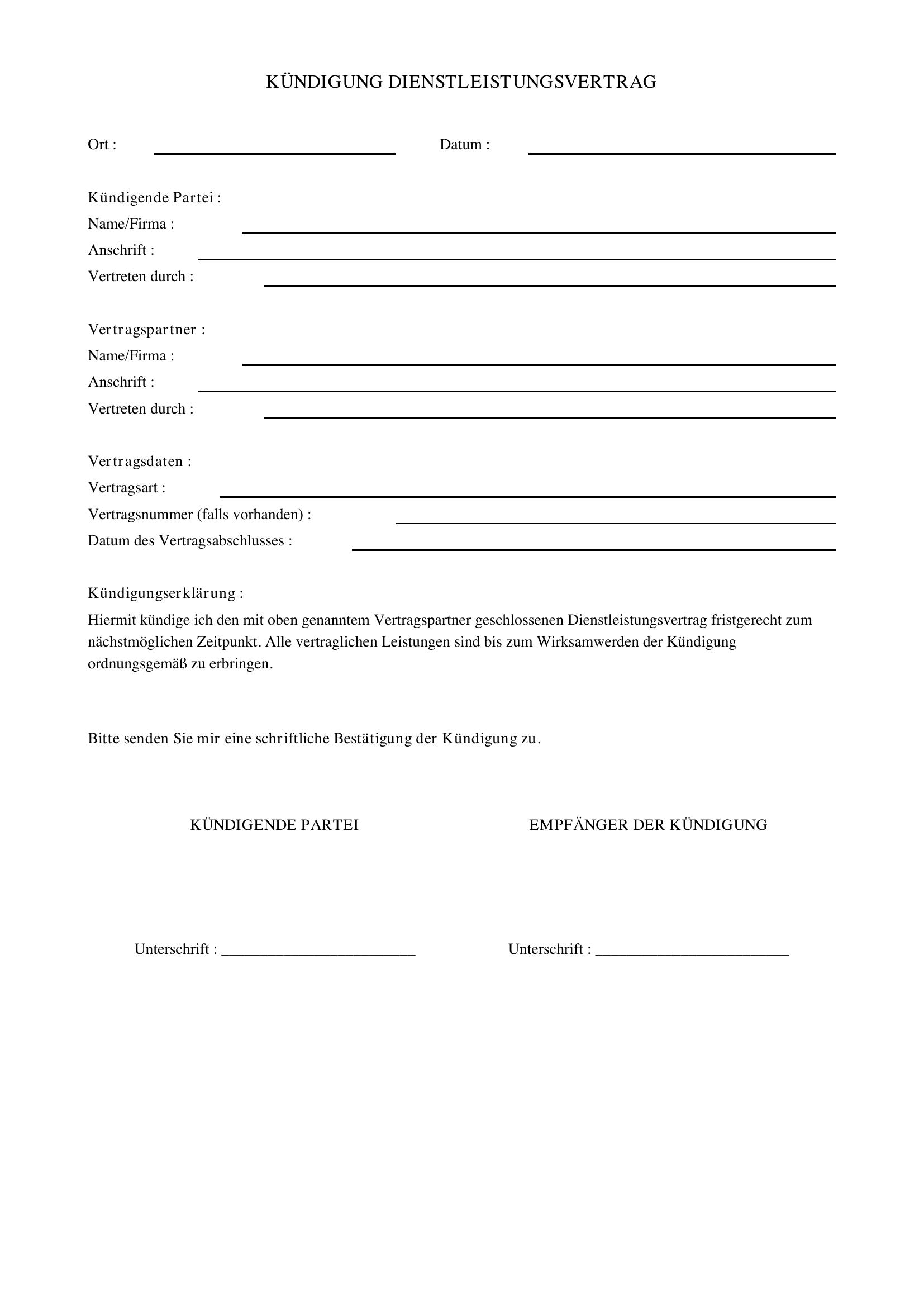 Kündigung Dienstleistungsvertrag Vorlage