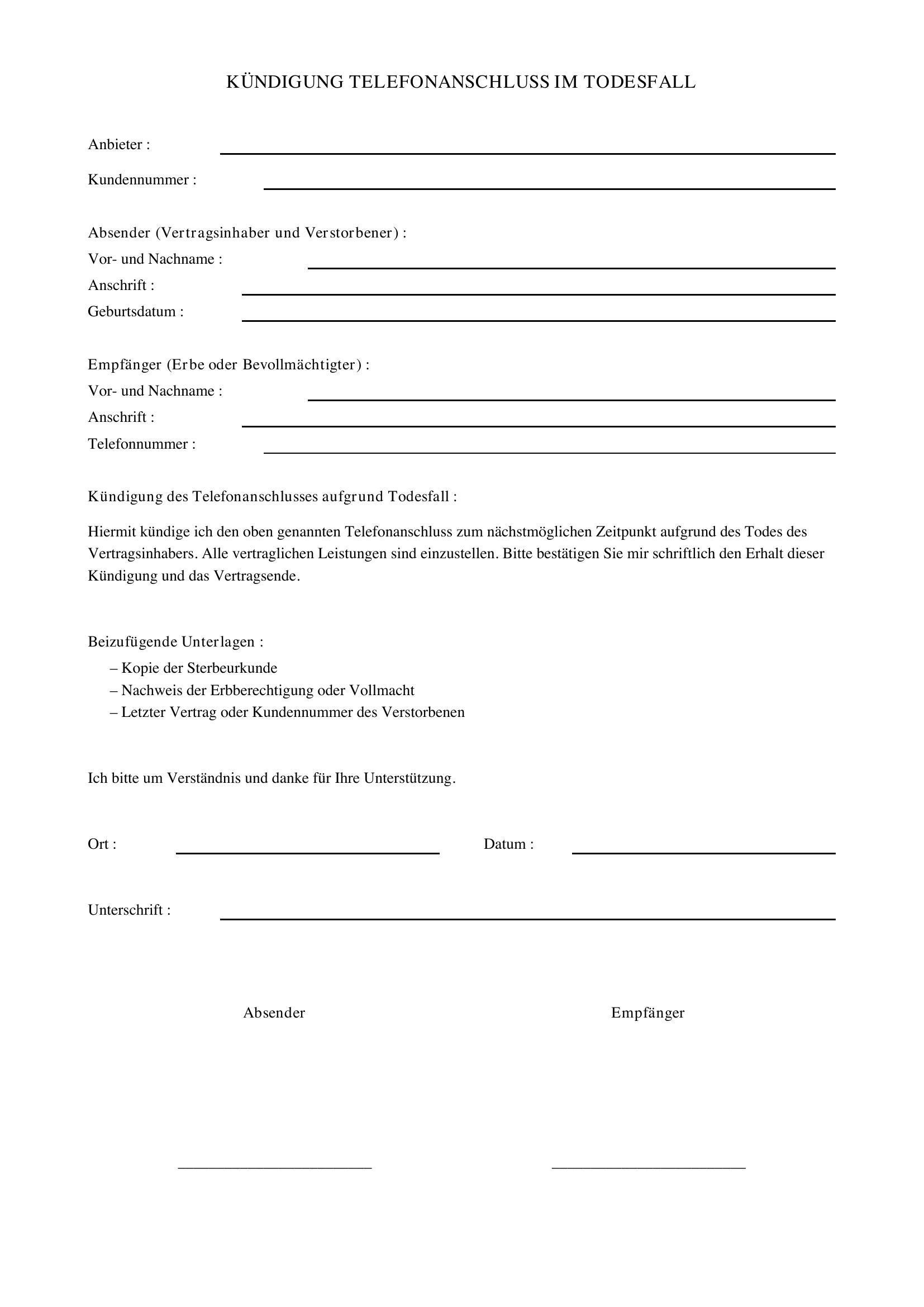 Vorlage Kndigung Im Todesfall