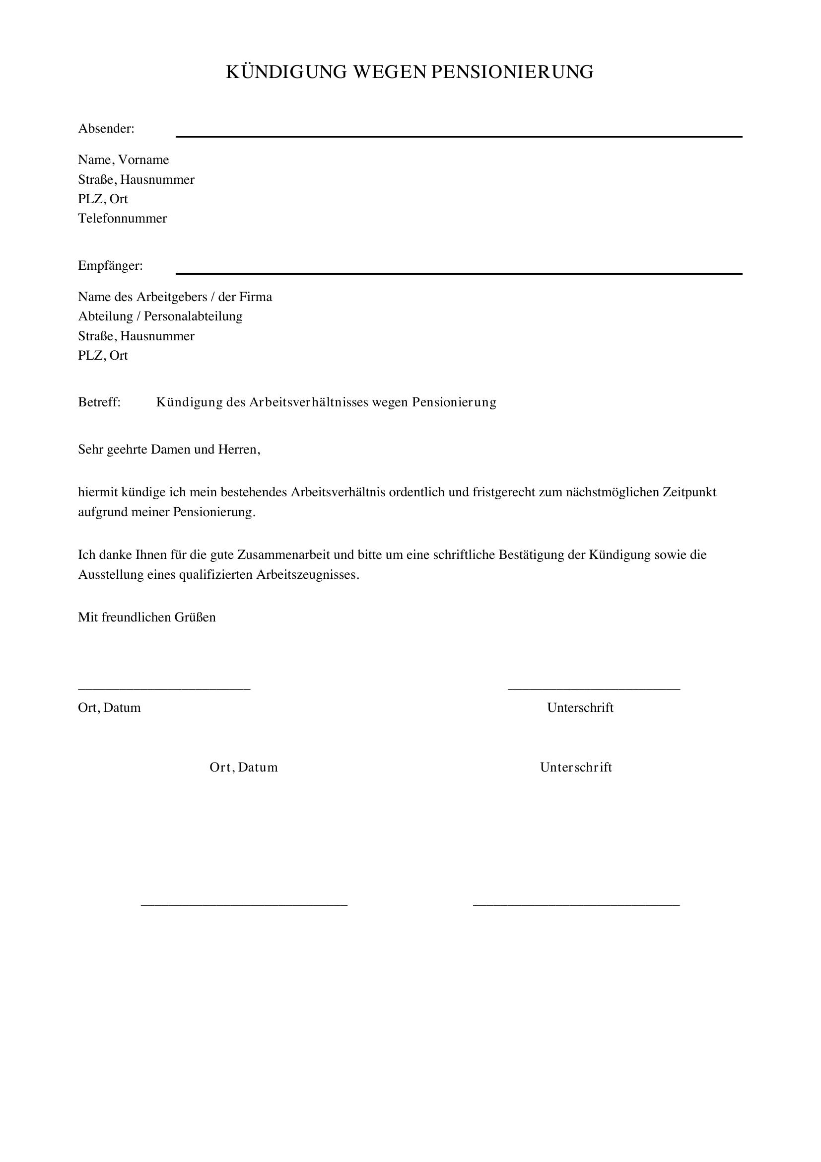 Kündigung Wegen Pensionierung Musterbrief Österreich