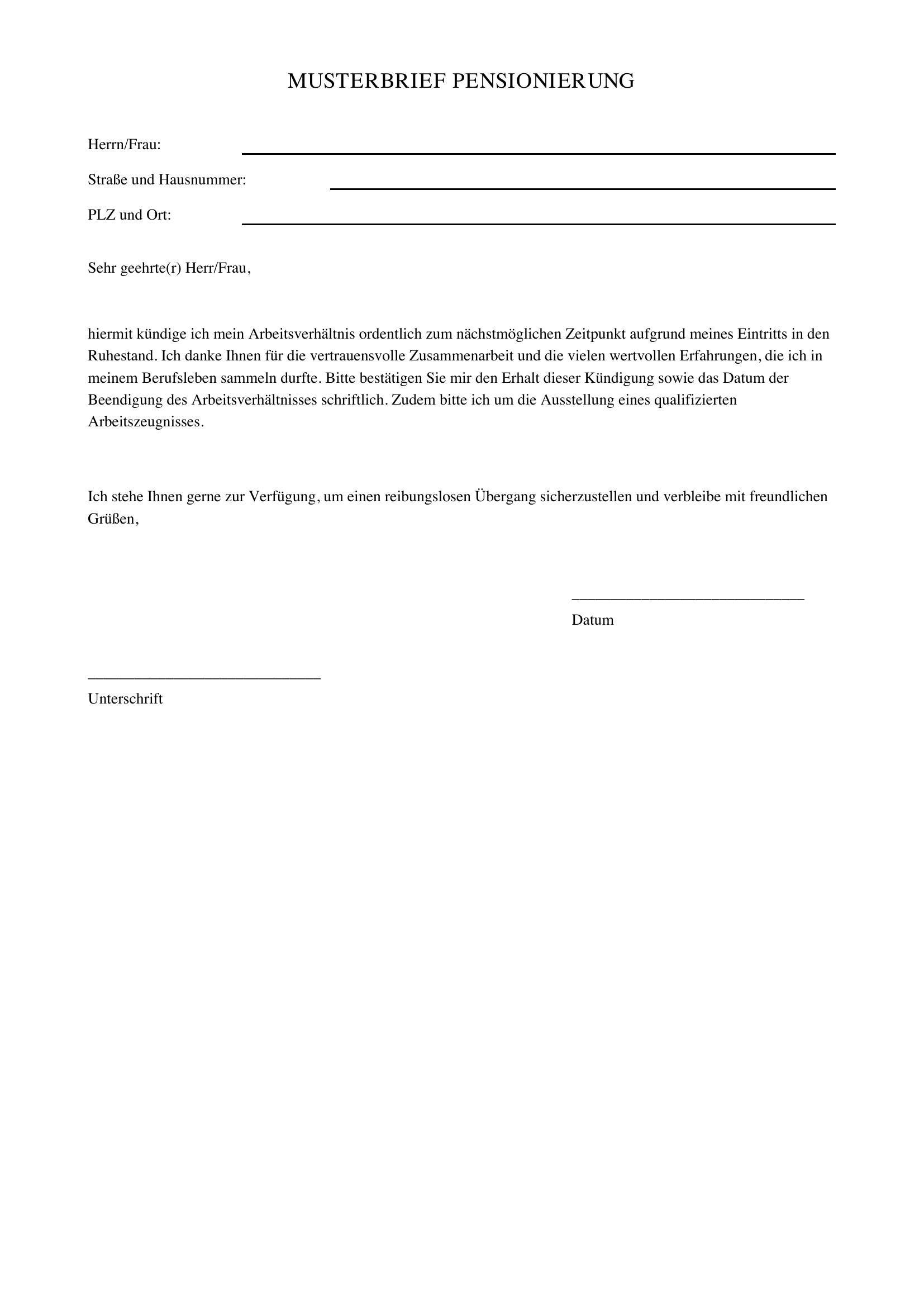 Musterbrief Pensionierung