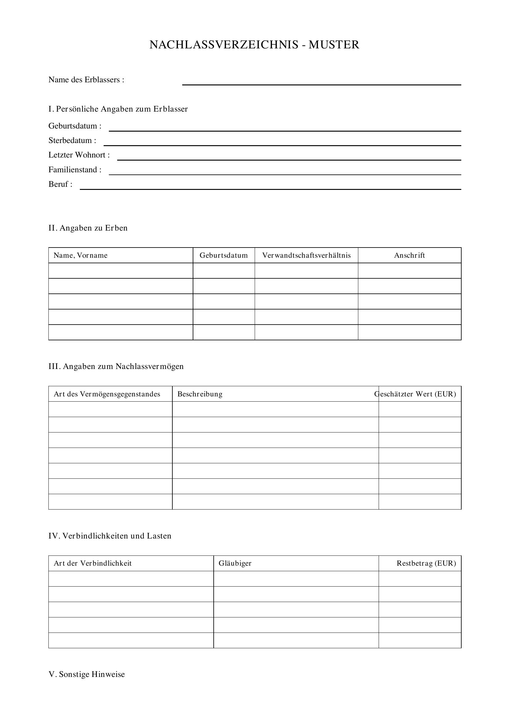 Nachlassverzeichnis Muster