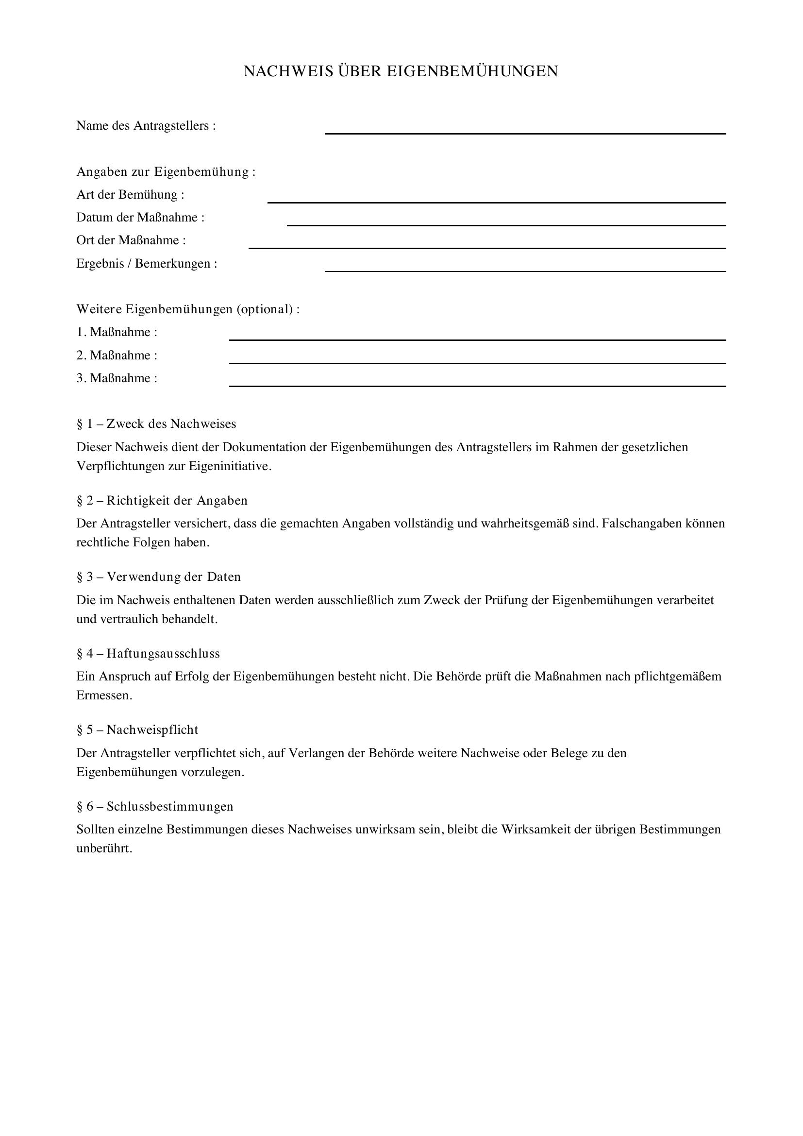 Nachweis Eigenbemühungen Vorlage