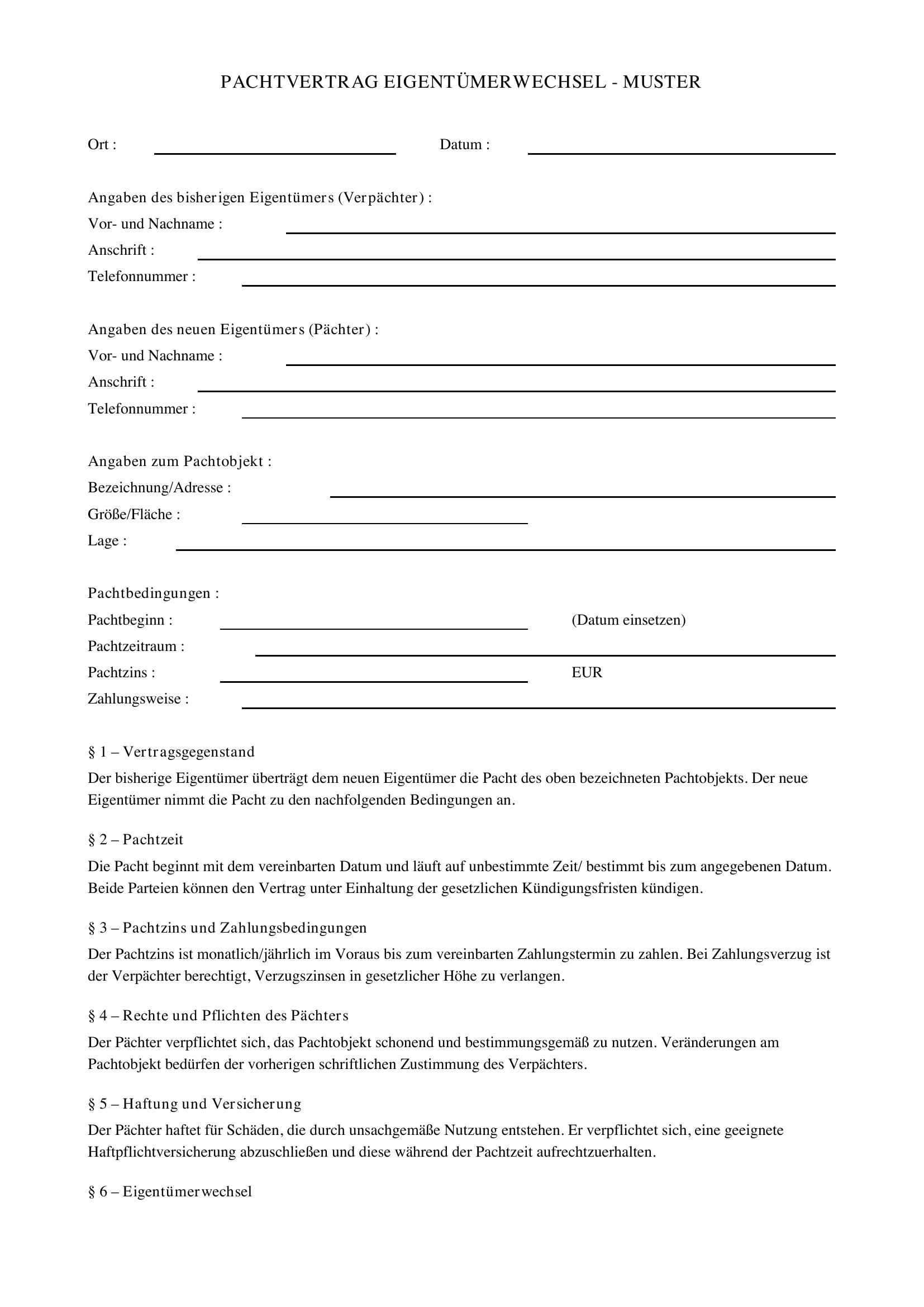 Pachtvertrag Eigentümerwechsel Muster