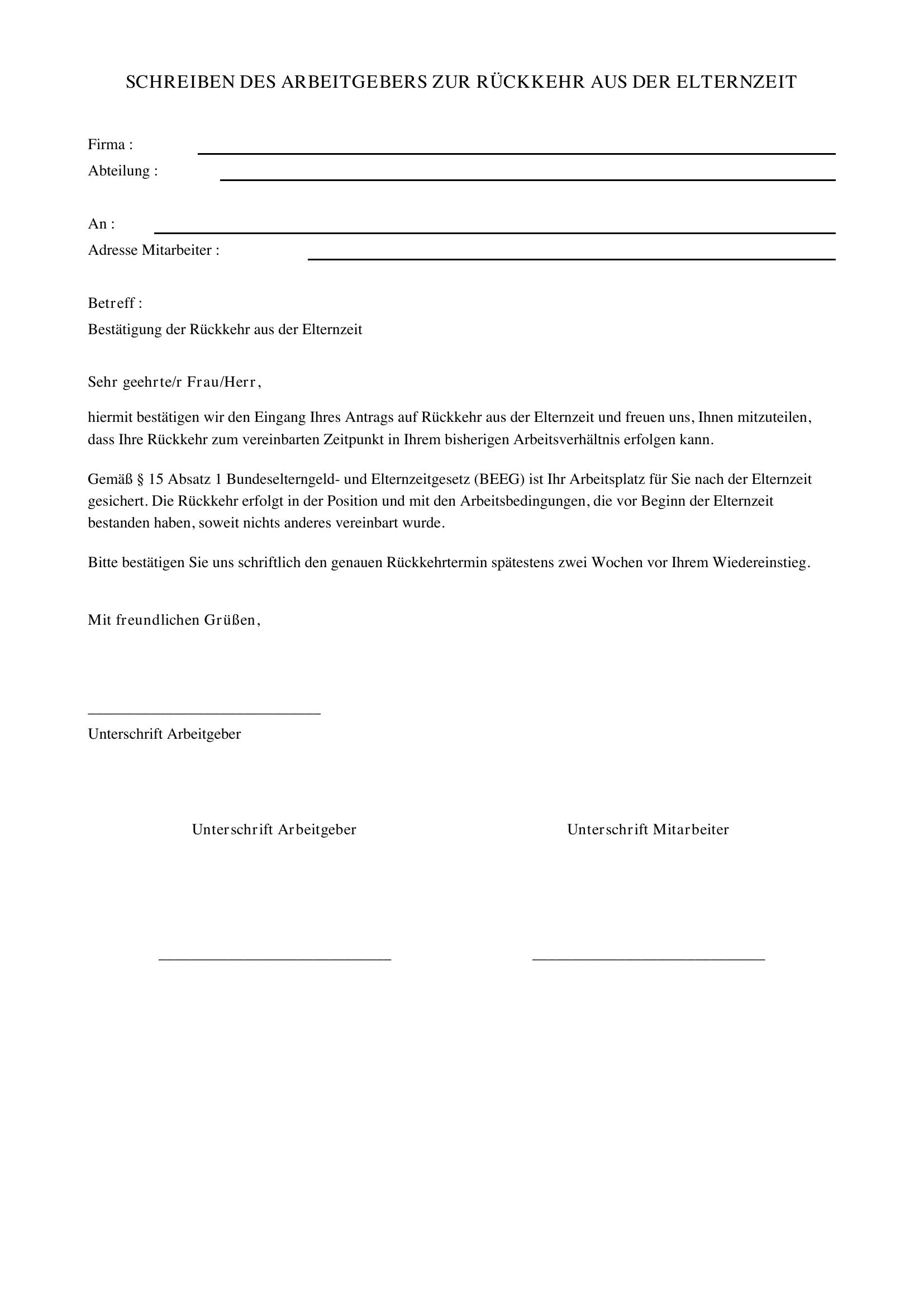 Schreiben Arbeitgeber Rückkehr Nach Elternzeit