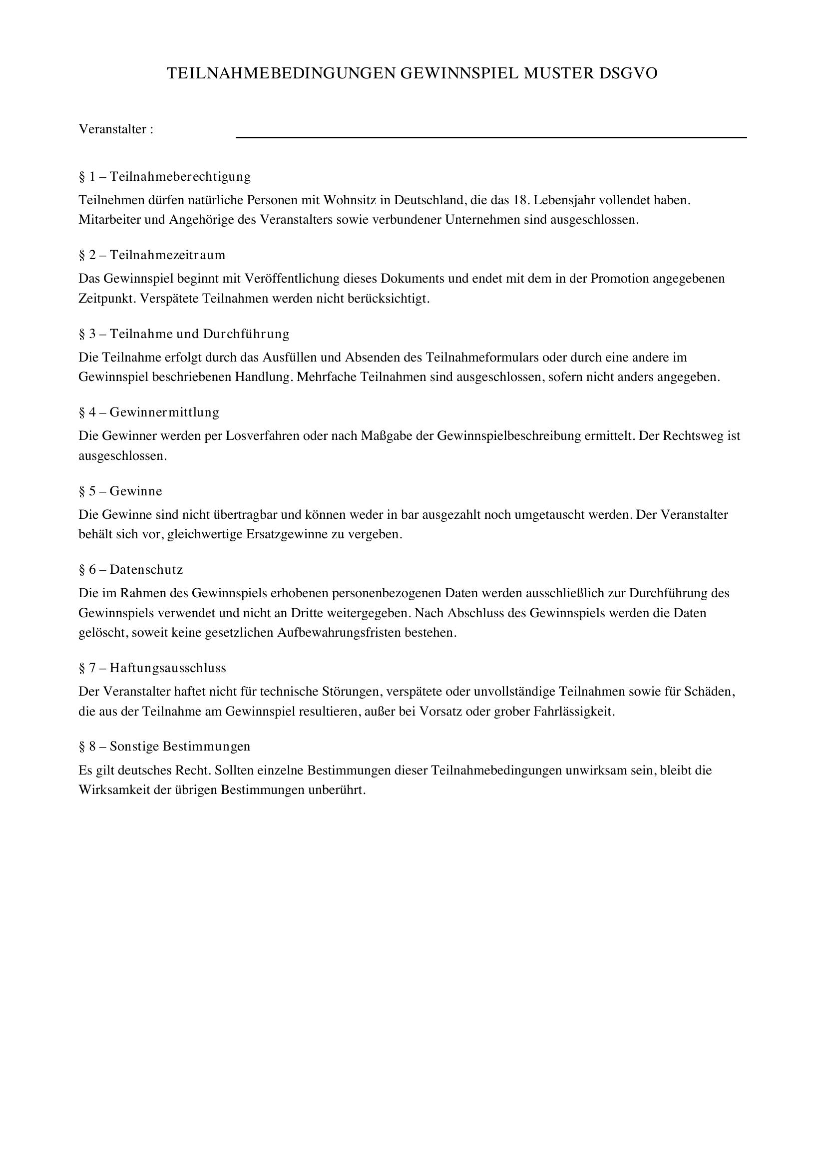 Teilnahmebedingungen Gewinnspiel Muster Dsgvo