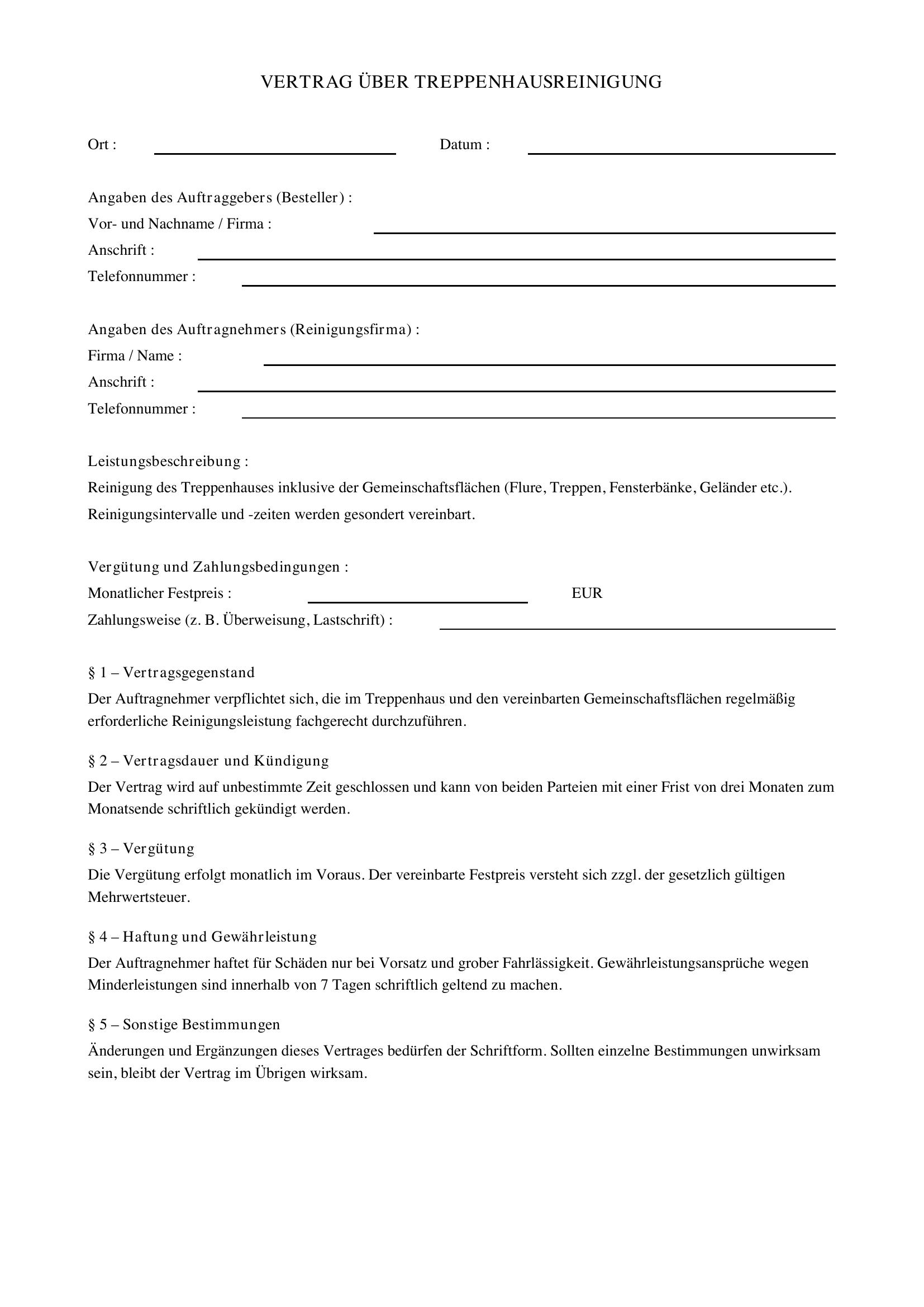 Treppenhausreinigung Vertrag Muster