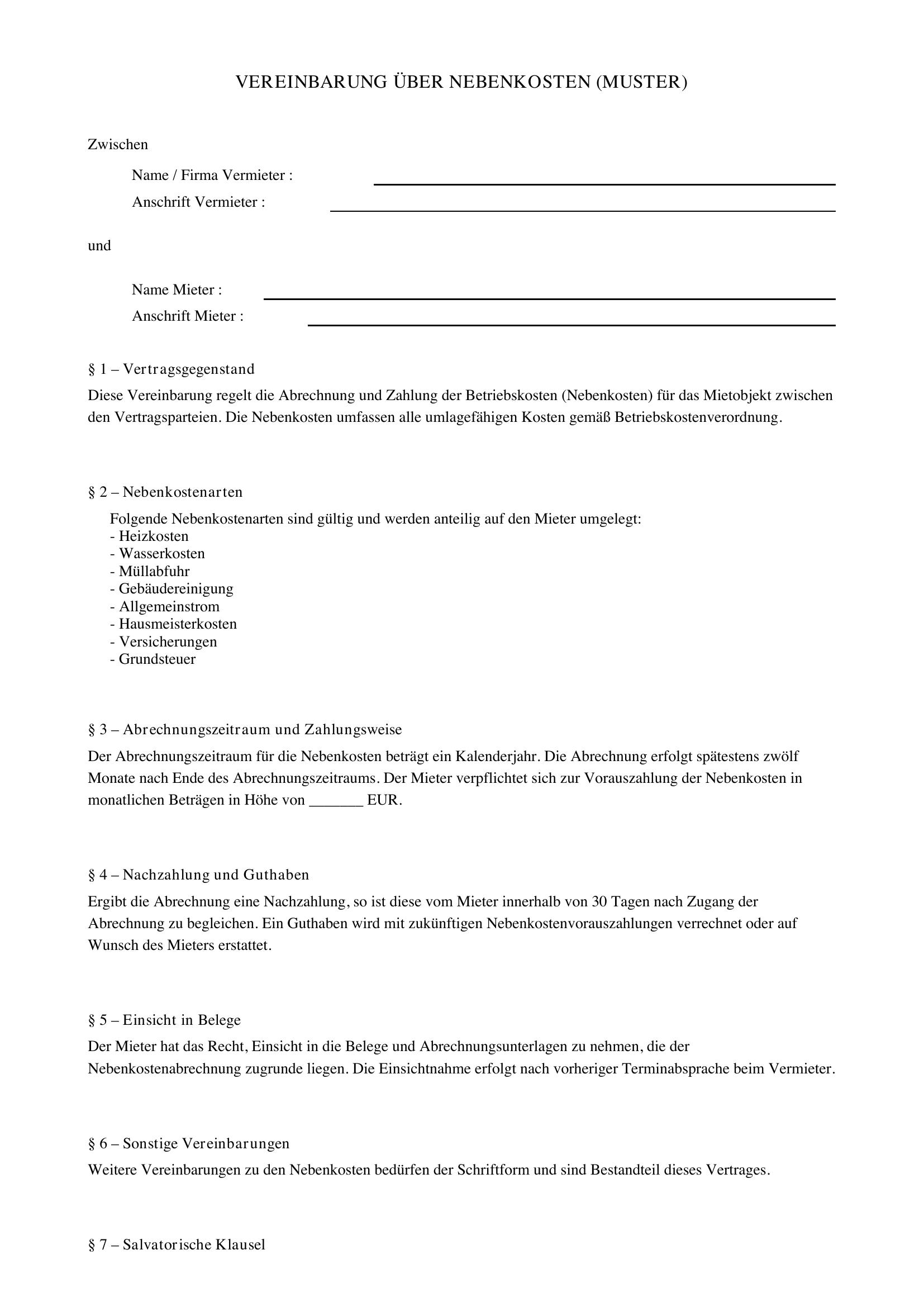 Vereinbarung Nebenkosten Muster