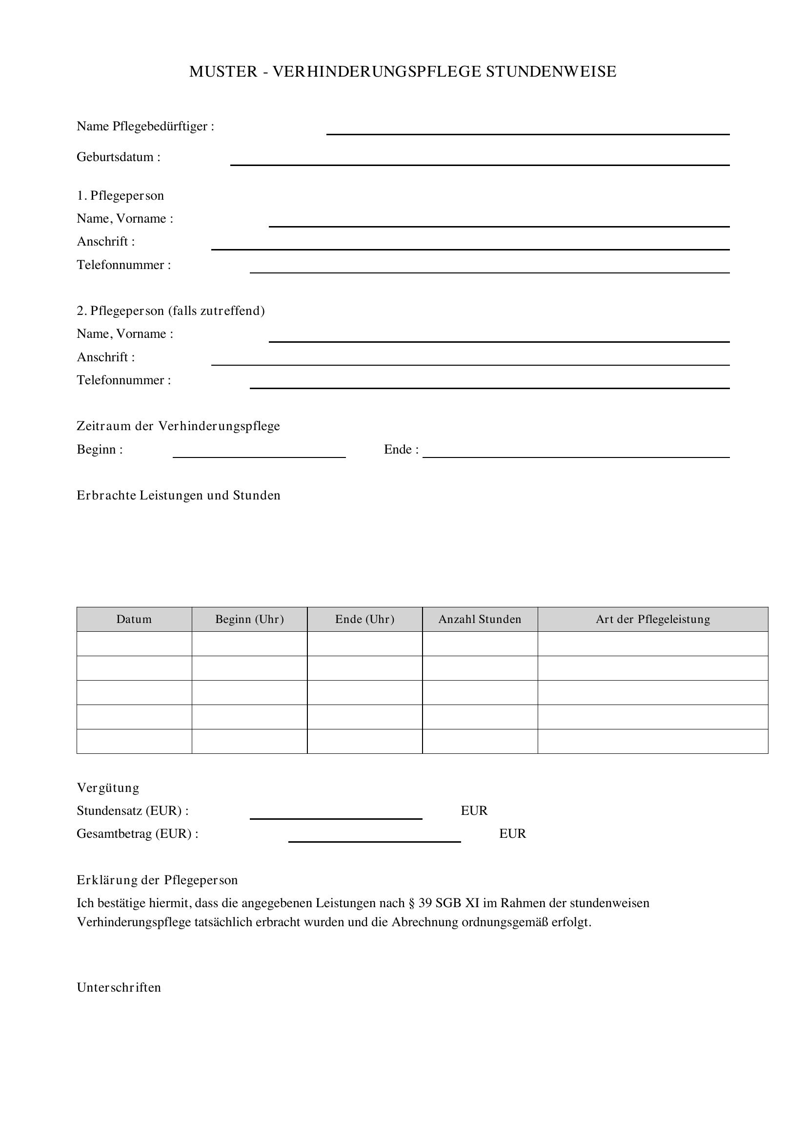 Verhinderungspflege Stundenweise Muster