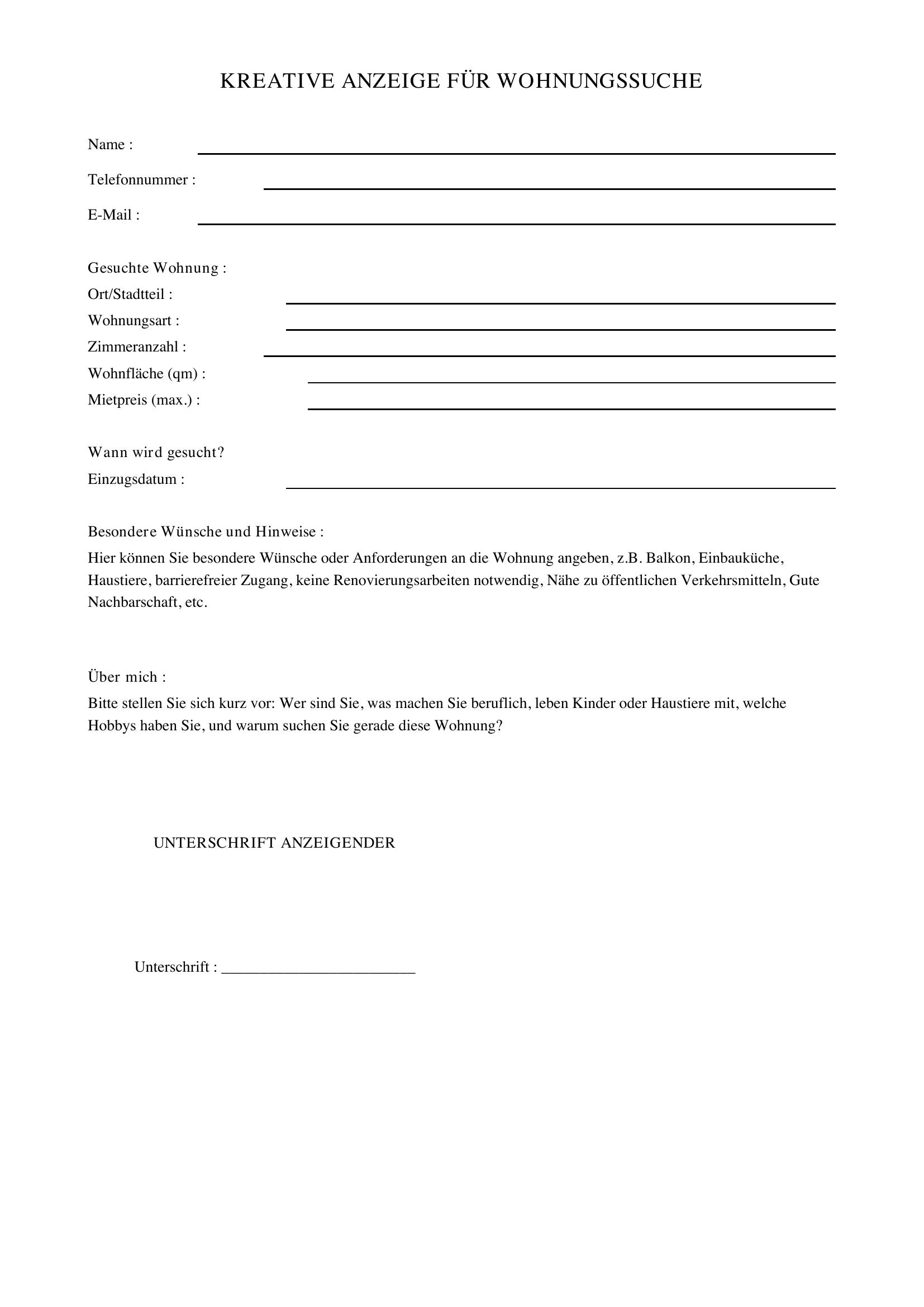 Anzeige Fr Wohnungssuche