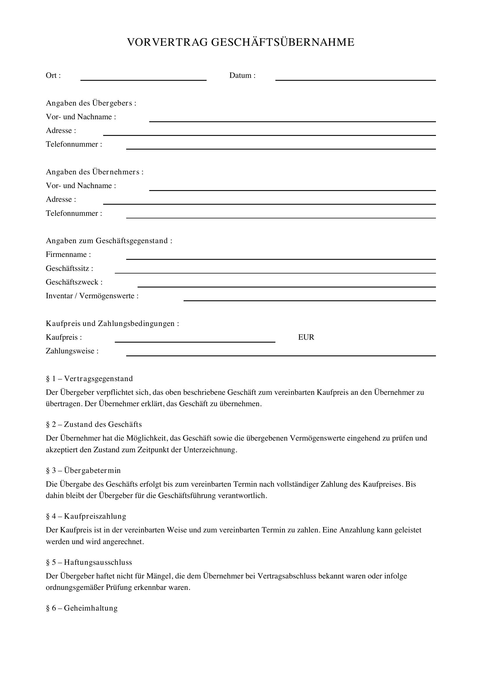 Vorvertrag Geschäftsübernahme Muster